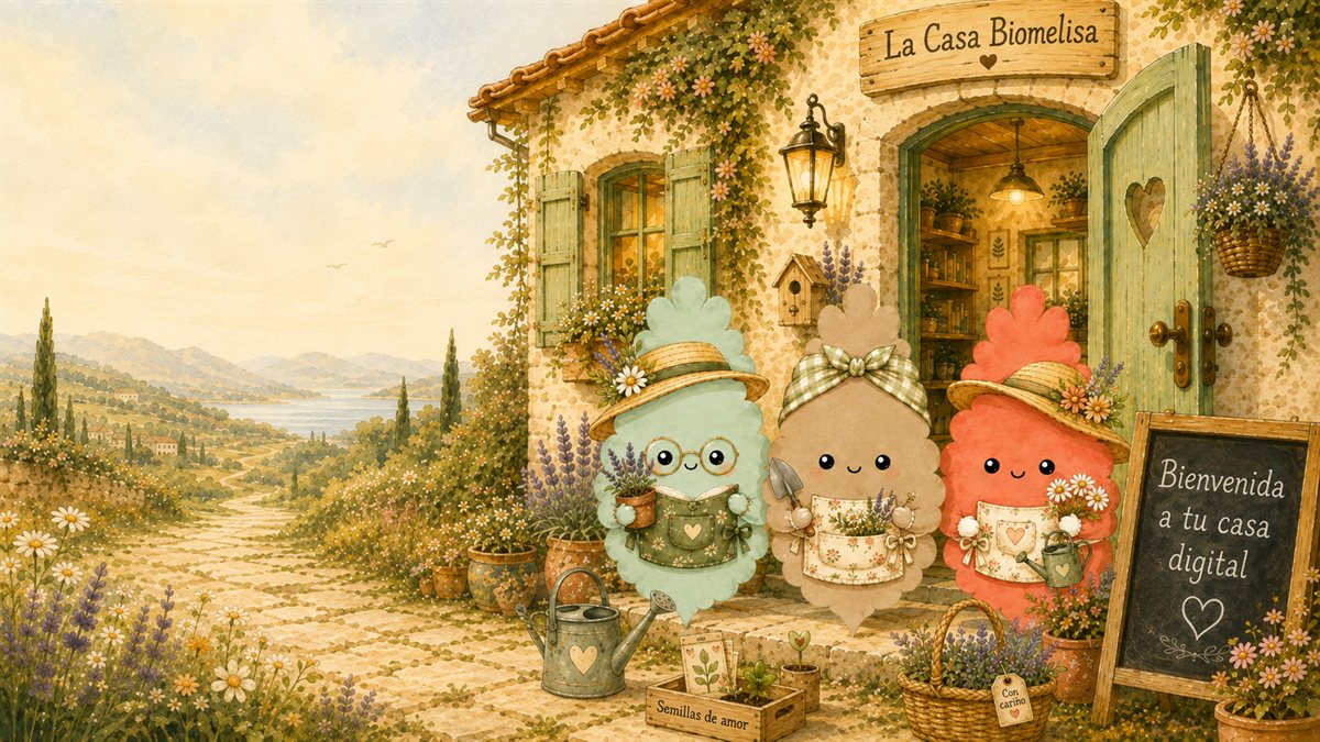 La Casa Biomelisa: una casita mediterránea con un paisaje de colinas y lavanda a la izquierda y, a la derecha, los tres personajes de Biomelisa dándote la bienvenida en la puerta